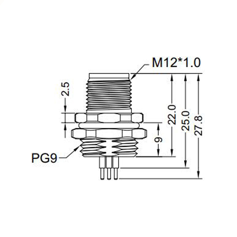 M12 3pins A code male straight rear panel mount connector PG9 thread,unshielded,insert,brass with nickel plated shell